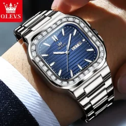 OLEVS Mens Tank Watch Minimalist Diamond Watch Fashion Dress Analog Quartz Mens Watches Rectangular Waterproof Stainless Steel Luminous with Date Watches for Men