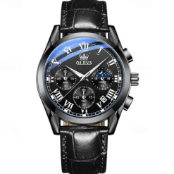 OLEVS Quartz Watch for Men Fashion Business Dress Waterproof Wristwatch Breathable Leather Quartz Watch Chronograph Sports Watch Men Gifts