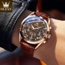 OLEVS Quartz Watch for Men Fashion Business Dress Waterproof Wristwatch Breathable Leather Quartz Watch Chronograph Sports Watch Men Gifts