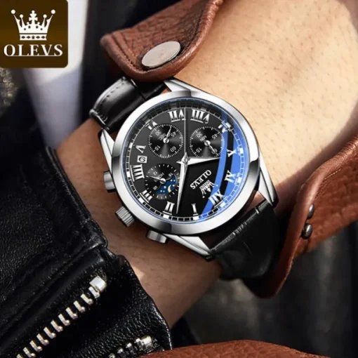 OLEVS Quartz Watch for Men Fashion Business Dress Waterproof Wristwatch Breathable Leather Quartz Watch Chronograph Sports Watch Men Gifts