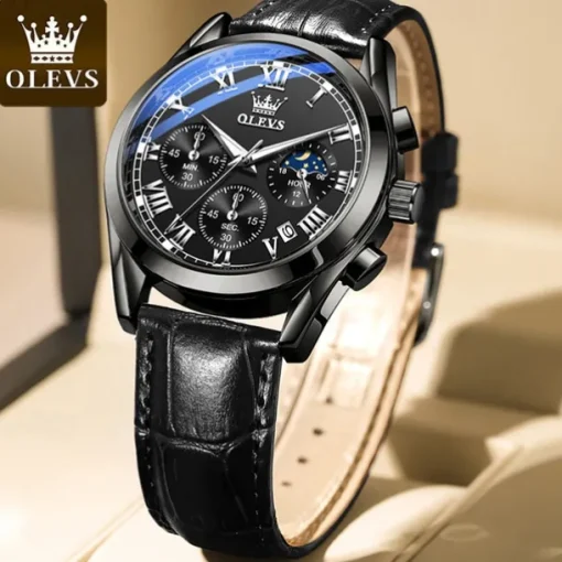 OLEVS Quartz Watch for Men Fashion Business Dress Waterproof Wristwatch Breathable Leather Quartz Watch Chronograph Sports Watch Men Gifts