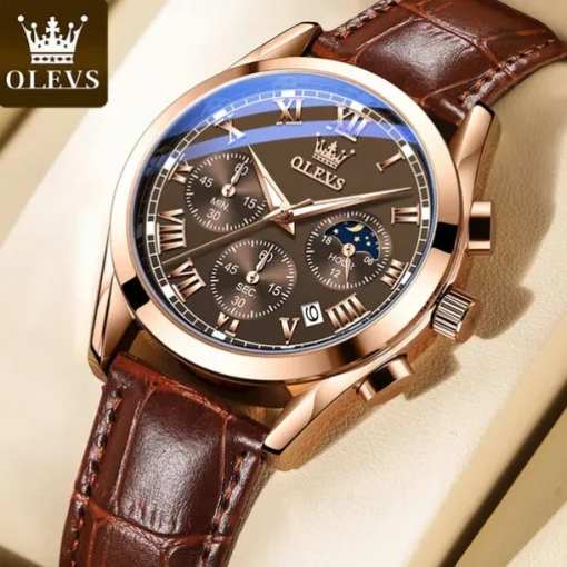 OLEVS Quartz Watch for Men Fashion Business Dress Waterproof Wristwatch Breathable Leather Quartz Watch Chronograph Sports Watch Men Gifts