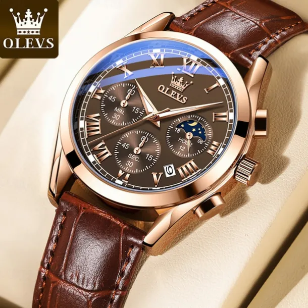 OLEVS Quartz Watch for Men Fashion Business Dress Waterproof Wristwatch Breathable Leather Quartz Watch Chronograph Sports Watch Men Gifts