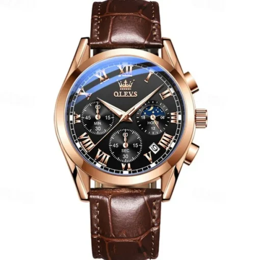 OLEVS Quartz Watch for Men Fashion Business Dress Waterproof Wristwatch Breathable Leather Quartz Watch Chronograph Sports Watch Men Gifts