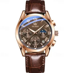 OLEVS Quartz Watch for Men Fashion Business Dress Waterproof Wristwatch Breathable Leather Quartz Watch Chronograph Sports Watch Men Gifts
