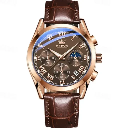 OLEVS Quartz Watch for Men Fashion Business Dress Waterproof Wristwatch Breathable Leather Quartz Watch Chronograph Sports Watch Men Gifts