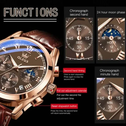 OLEVS Quartz Watch for Men Fashion Business Dress Waterproof Wristwatch Breathable Leather Quartz Watch Chronograph Sports Watch Men Gifts