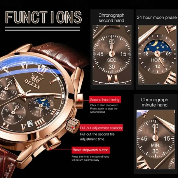 OLEVS Quartz Watch for Men Fashion Business Dress Waterproof Wristwatch Breathable Leather Quartz Watch Chronograph Sports Watch Men Gifts