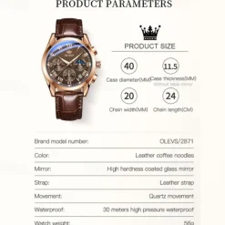 OLEVS Quartz Watch for Men Fashion Business Dress Waterproof Wristwatch Breathable Leather Quartz Watch Chronograph Sports Watch Men Gifts