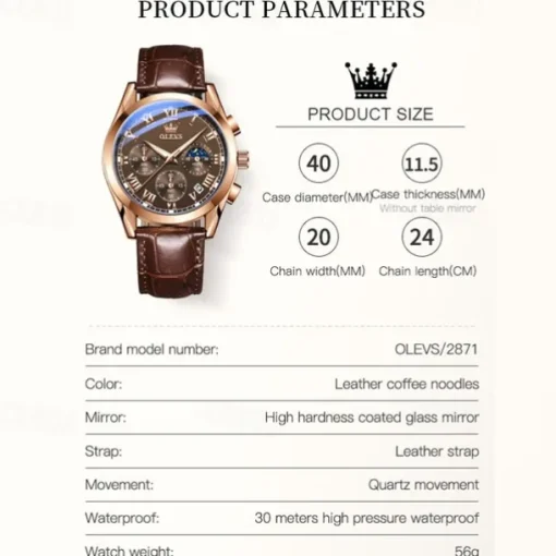 OLEVS Quartz Watch for Men Fashion Business Dress Waterproof Wristwatch Breathable Leather Quartz Watch Chronograph Sports Watch Men Gifts