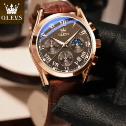 OLEVS Quartz Watch for Men Fashion Business Dress Waterproof Wristwatch Breathable Leather Quartz Watch Chronograph Sports Watch Men Gifts
