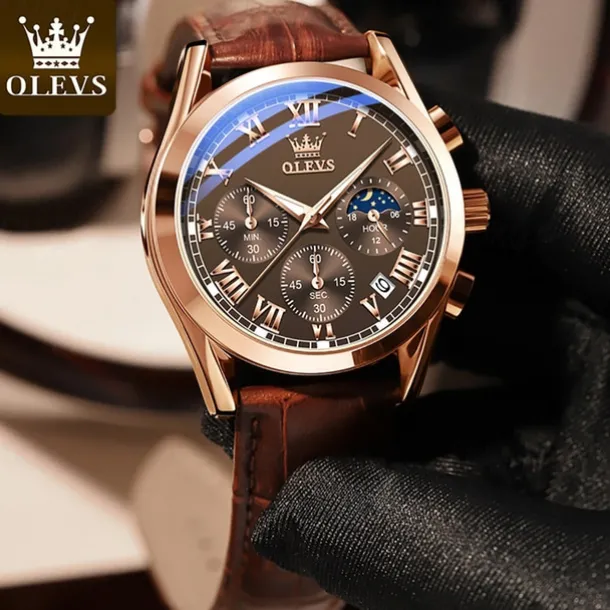 OLEVS Quartz Watch for Men Fashion Business Dress Waterproof Wristwatch Breathable Leather Quartz Watch Chronograph Sports Watch Men Gifts