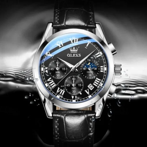 OLEVS Quartz Watch for Men Fashion Business Dress Waterproof Wristwatch Breathable Leather Quartz Watch Chronograph Sports Watch Men Gifts