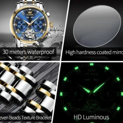 OLEVS TOP Brand Automatic Mechanical Watches Men Luxury Skeleton Flywheel Stainless Steel Waterproof Business Wristwatch 6607