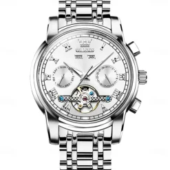 OLEVS TOP Brand Automatic Mechanical Watches Men Luxury Skeleton Flywheel Stainless Steel Waterproof Business Wristwatch 6607