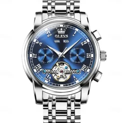 OLEVS TOP Brand Automatic Mechanical Watches Men Luxury Skeleton Flywheel Stainless Steel Waterproof Business Wristwatch 6607