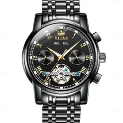 OLEVS TOP Brand Automatic Mechanical Watches Men Luxury Skeleton Flywheel Stainless Steel Waterproof Business Wristwatch 6607