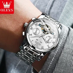 OLEVS TOP Brand Automatic Mechanical Watches Men Luxury Skeleton Flywheel Stainless Steel Waterproof Business Wristwatch 6607