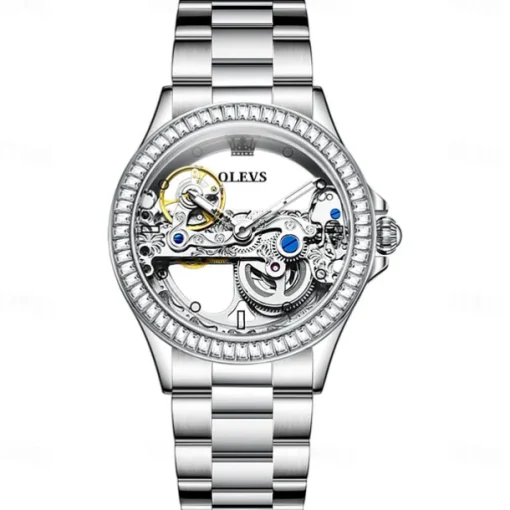OLEVS Women Mechanical Watch Fashion Rhinestone Business Wristwatch Hollow Skeleton Waterproof Alloy Genuine Leather Watch