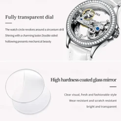 OLEVS Women Mechanical Watch Fashion Rhinestone Business Wristwatch Hollow Skeleton Waterproof Alloy Genuine Leather Watch