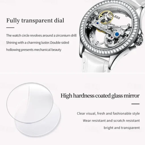 OLEVS Women Mechanical Watch Fashion Rhinestone Business Wristwatch Hollow Skeleton Waterproof Alloy Genuine Leather Watch