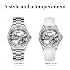 OLEVS Women Mechanical Watch Fashion Rhinestone Business Wristwatch Hollow Skeleton Waterproof Alloy Genuine Leather Watch
