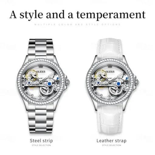 OLEVS Women Mechanical Watch Fashion Rhinestone Business Wristwatch Hollow Skeleton Waterproof Alloy Genuine Leather Watch