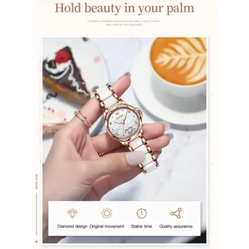 OLEVS Women Mechanical Watch Creative Minimalist Fashion Casual Analog Wristwatch Automatic Self-winding Luminous Calendar Waterproof Ceramic Watch for Women Gift Women Watches