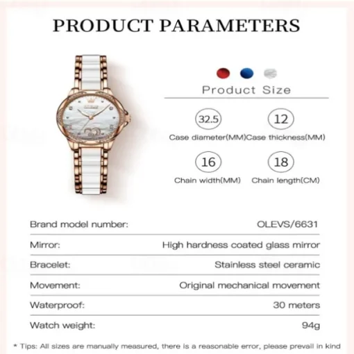 OLEVS Women Mechanical Watch Creative Minimalist Fashion Casual Analog Wristwatch Automatic Self-winding Luminous Calendar Waterproof Ceramic Watch for Women Gift Women Watches