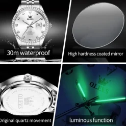 OLEVS Women Men Quartz Watch Minimalist Fashion Casual Wristwatch Luminous Calendar Waterproof Decoration Steel Watch