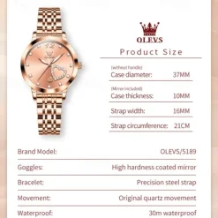 Olevs Women Steel Band Watch Decorative Luminous Simple Leisure Quartz Watch Waterproof Sports Diamond-Set Women Wristwatch