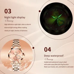 Olevs Women Steel Band Watch Decorative Luminous Simple Leisure Quartz Watch Waterproof Sports Diamond-Set Women Wristwatch