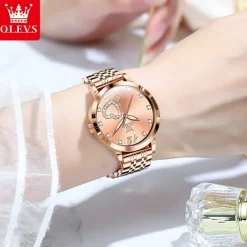 Olevs Women Steel Band Watch Decorative Luminous Simple Leisure Quartz Watch Waterproof Sports Diamond-Set Women Wristwatch