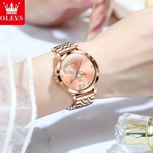 Olevs Women Steel Band Watch Decorative Luminous Simple Leisure Quartz Watch Waterproof Sports Diamond-Set Women Wristwatch