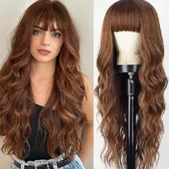 Ombre Blonde Wig with Bangs Long Blonde Wavy Wigs for Women Synthetic Curly Wavy Wigs with Dark Root Middle Part Heat Resistant Wig for Daily Party Wear Halloween Wigs