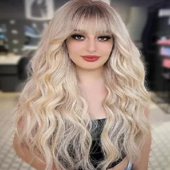 Ombre Blonde Wig with Bangs Long Blonde Wavy Wigs for Women Synthetic Curly Wavy Wigs with Dark Root Middle Part Heat Resistant Wig for Daily Party Wear Halloween Wigs