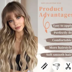 Ombre Blonde Wig with Bangs Long Blonde Wavy Wigs for Women Synthetic Curly Wavy Wigs with Dark Root Middle Part Heat Resistant Wig for Daily Party Wear Halloween Wigs