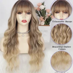 Ombre Blonde Wig with Bangs Long Blonde Wavy Wigs for Women Synthetic Curly Wavy Wigs with Dark Root Middle Part Heat Resistant Wig for Daily Party Wear Halloween Wigs