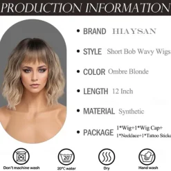 Ombre Blonde Wigs for Women Short Wavy Wig with Bangs Ash Blonde Bob Wig with Dark Roots Medium Length Natural Synthetic Hair for Daily Party& Cosplay Halloween Wigs