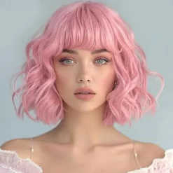 Ombre Blonde Wigs for Women Short Wavy Wig with Bangs Ash Blonde Bob Wig with Dark Roots Medium Length Natural Synthetic Hair for Daily Party& Cosplay Halloween Wigs