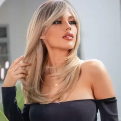 Ombre Blonde Wigs with BangsShoulder Length Ash Blonde Wig for Women Layered Wigs Dark Roots Synthetic Wigs for Daily Party 24IN Halloween Wigs