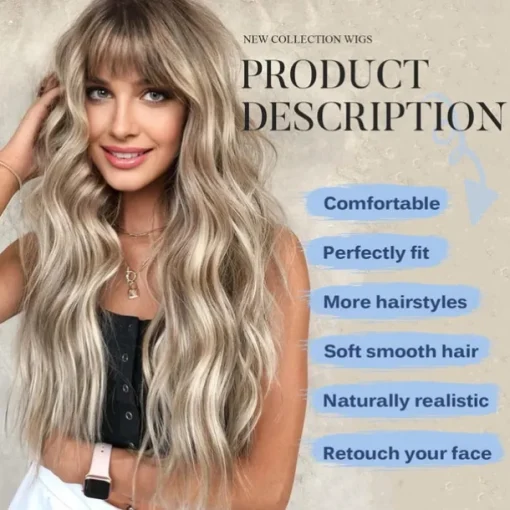 Ombre Dirty Blonde Wigs with BangsAsh Blonde Long Wavy Wig for WomenLong Curly Synthetic Hair Wig for Party Daily Use 24IN