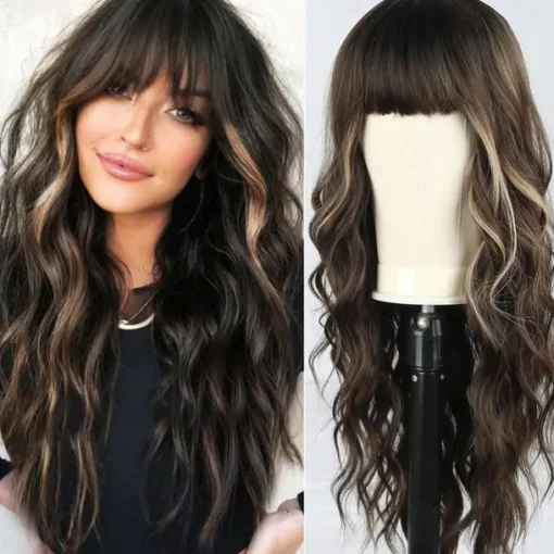 Ombre Dirty Blonde Wigs with BangsAsh Blonde Long Wavy Wig for WomenLong Curly Synthetic Hair Wig for Party Daily Use 24IN