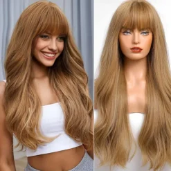 Ombre Dirty Blonde Wigs with BangsAsh Blonde Long Wavy Wig for WomenLong Curly Synthetic Hair Wig for Party Daily Use 24IN