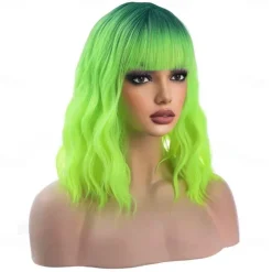 Ombre Green Wigs for Women 14 Inches Short Wavy Neon Green Wig With Bangs Fluorescent Green Short Wigs for Cosplay Party Daily Wigs Wig Cap Included Christmas Party Wigs St.Patrick's Day Wigs