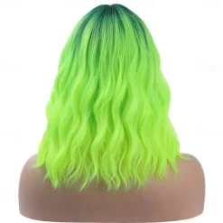 Ombre Green Wigs for Women 14 Inches Short Wavy Neon Green Wig With Bangs Fluorescent Green Short Wigs for Cosplay Party Daily Wigs Wig Cap Included Christmas Party Wigs St.Patrick's Day Wigs