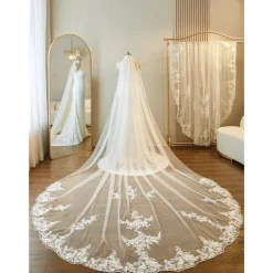 One-tier Lace Applique Edge / Lace Wedding Veil Cathedral Veils with Embroidery / Appliques / Paillette 137.8 in (350cm) Tulle