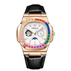 ONOLA Men Mechanical Watch Fashion Business Wristwatch Automatic Self-winding Moon phase Luminous Waterproof Leather Watch