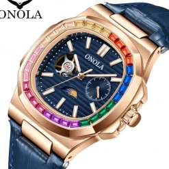 ONOLA Men Mechanical Watch Fashion Business Wristwatch Automatic Self-winding Moon phase Luminous Waterproof Leather Watch