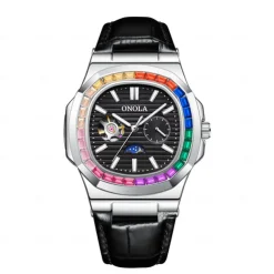 ONOLA Men Mechanical Watch Fashion Business Wristwatch Automatic Self-winding Moon phase Luminous Waterproof Leather Watch
